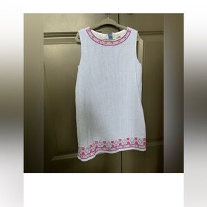 Vineyard Vines Seersucker Girls' Sleeveless Dress with Pink Embroidery